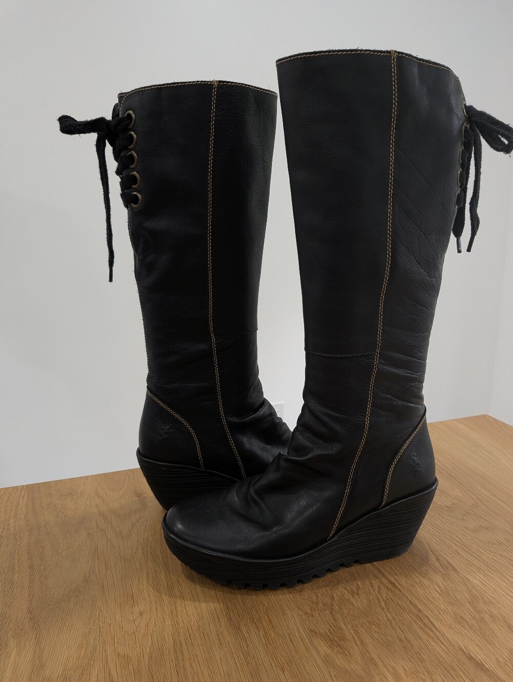 Fly London Yust Black Leather Tall Wedge Boots